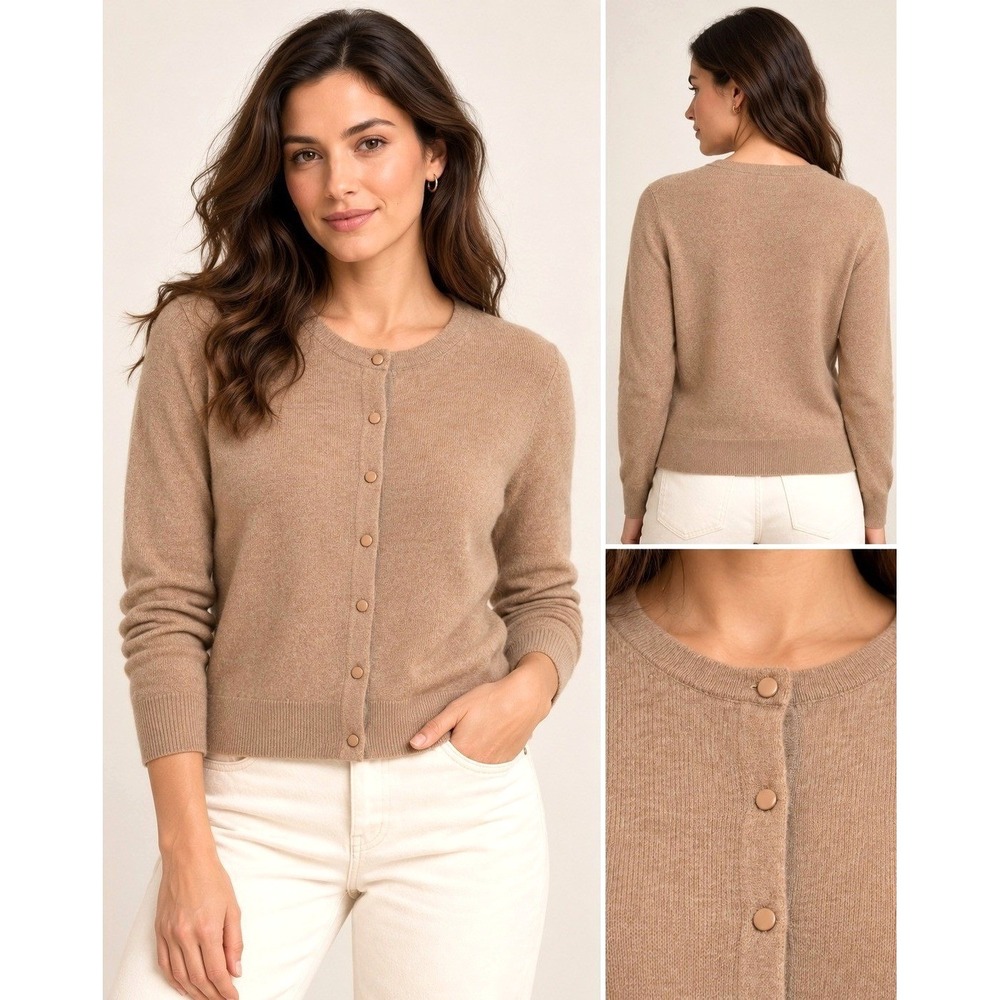 UNIQLO 100% Cashmere Cardigan Sweater Womens L Camel Tan Button Front Crew Neck